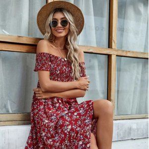 Shein - Off Shoulder Ditsy Floral High Split Dress - Size S